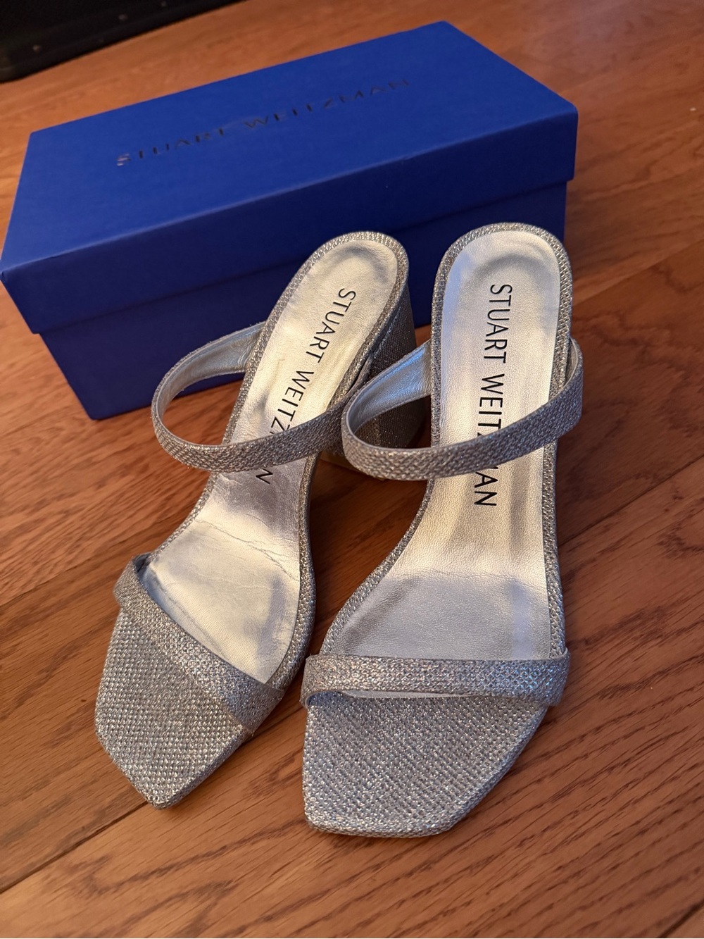 Stuart Weitzman Silver Glitter Strappy Mid Block Heels